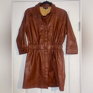 Steve Madden Faux Leather Brown Ruched Waist Button-up Shirt Dress Trench Coat S
